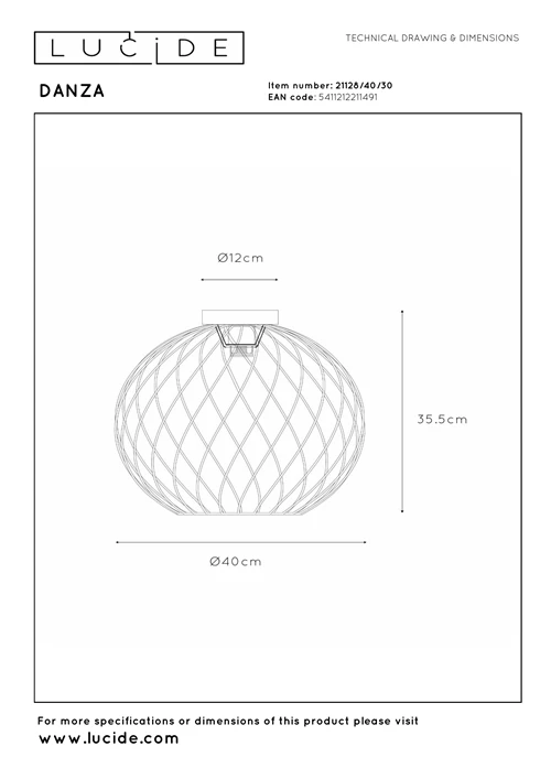 Lucide DANZA - Flush ceiling light - Ø 40 cm - 1xE27 - Black - technical